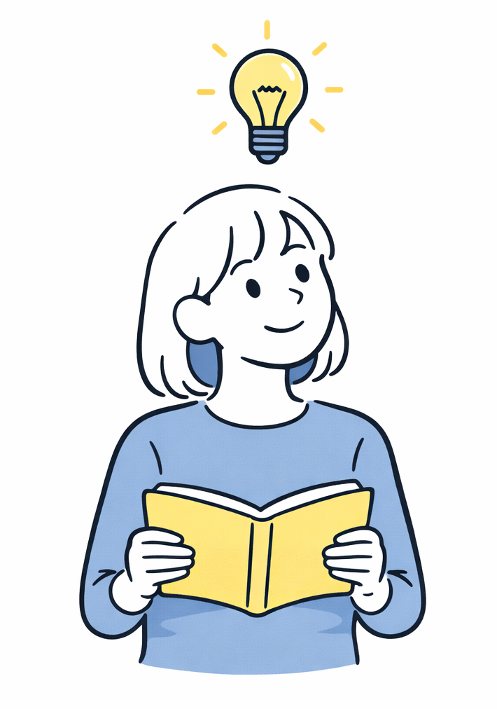 Person mit Buch in den Händen und Glühbirne über dem Kopf.
